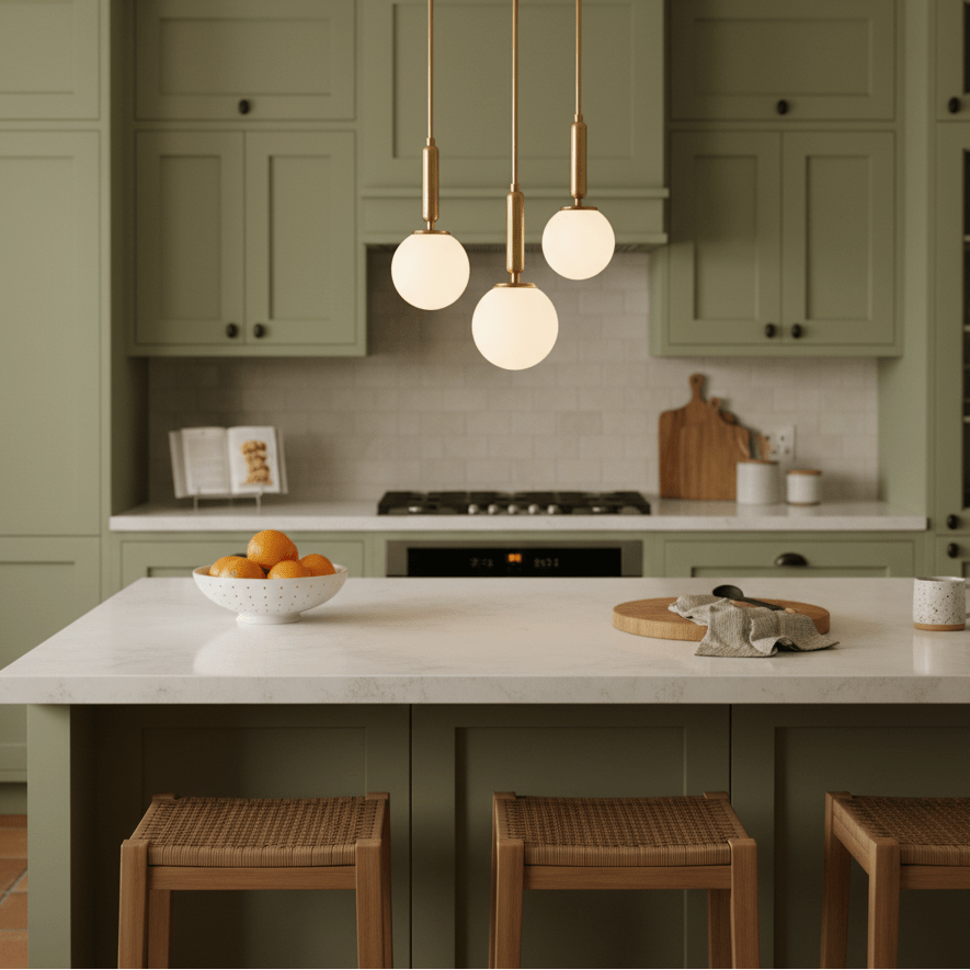 Three opal glass shades of the antique brass pendant light hang above a kitchen island with a bowl of oranges.