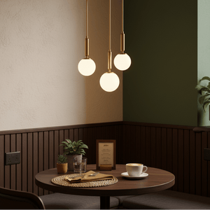 Fizz Pop 3 Light Antique Brass Pendant illuminating a cozy dining table with opal glass shades.