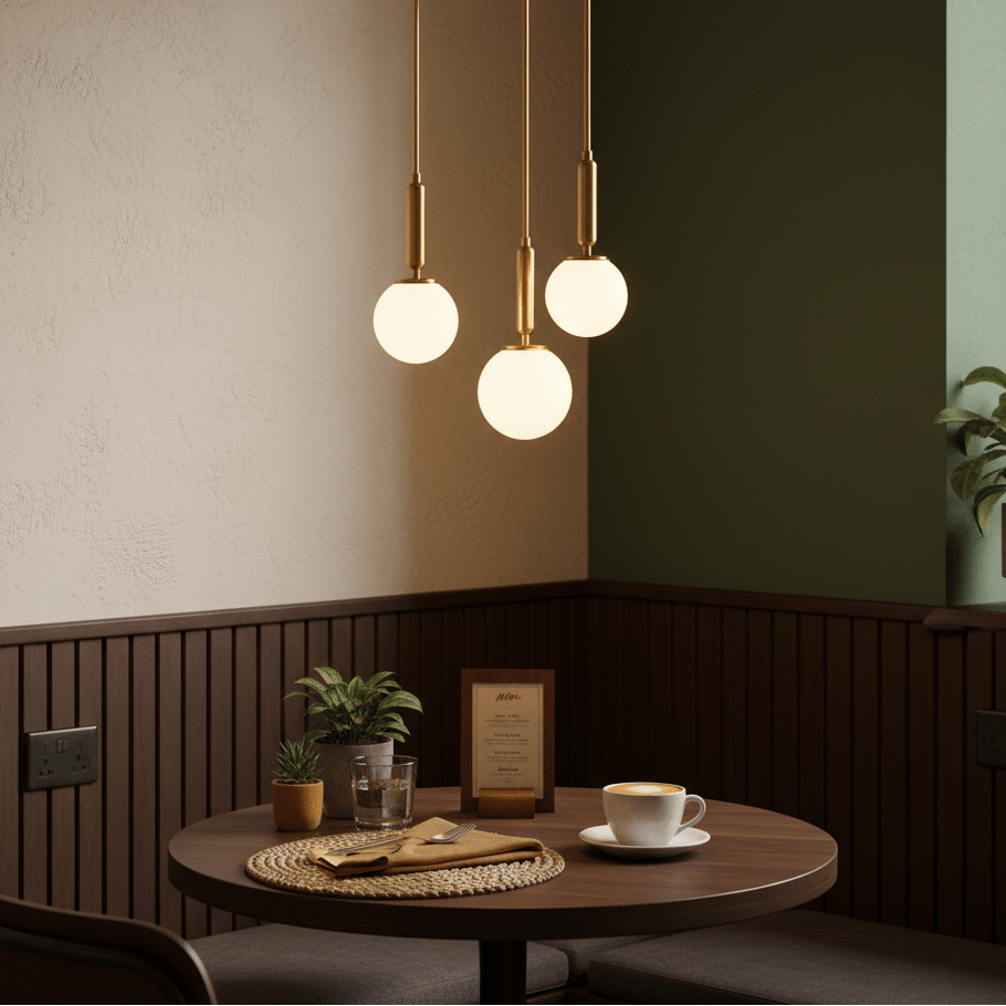 Fizz Pop 3 Light Antique Brass Pendant illuminating a cozy dining table with opal glass shades.