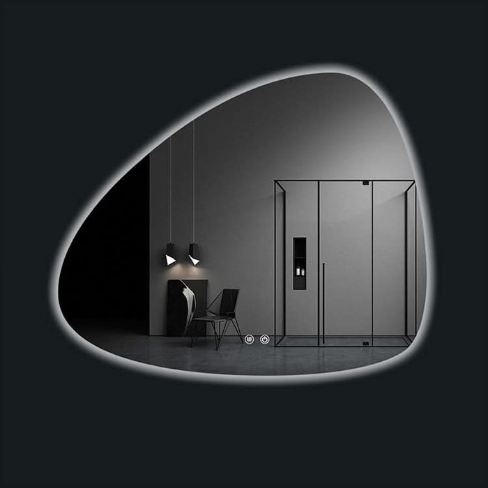 Ovoid anti-fog LED mirror mounted in a luxurious South African hotel bathroom with warm lighting, tiled walls and a modern vanity, no text or logos.