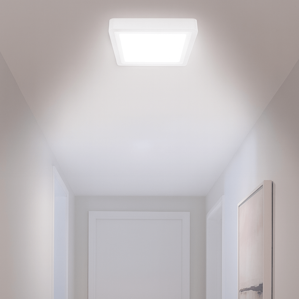 Bright hallway with a ceiling light fixture, text about hallway illumination.