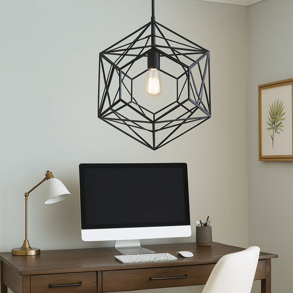 Modern office setup with geometric pendant light, desk, computer monitor, and chair.