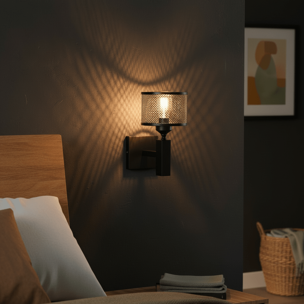 Black mesh wall light casting patterned shadows in a bedroom setting with a wooden headboard.