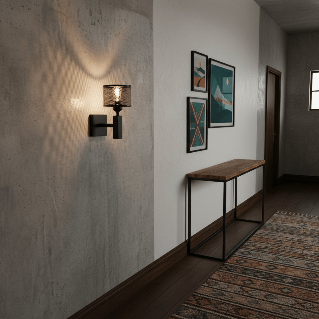 Black mesh wall light casting patterned glow on a textured wall in a hallway with framed art and console table.