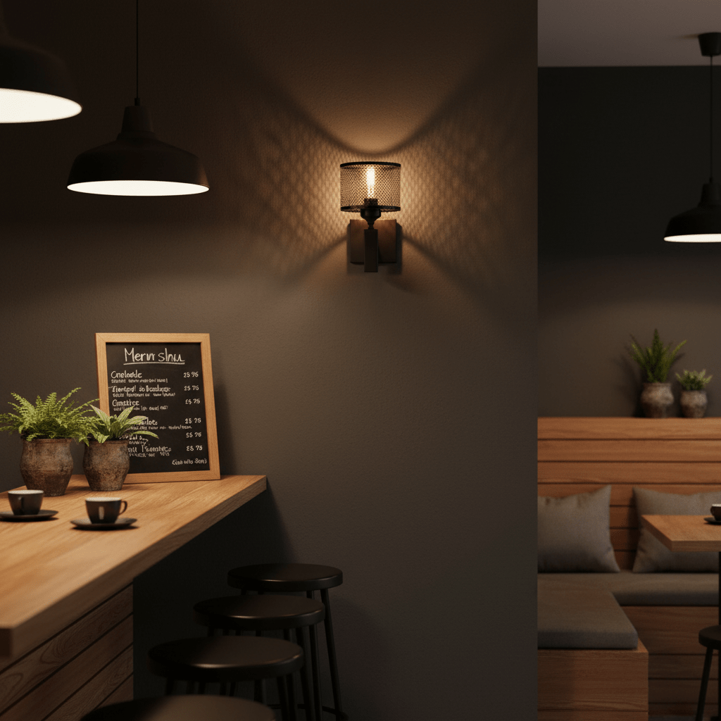 Black mesh wall light casting patterned shadows in a cozy cafe setting with wooden furniture.