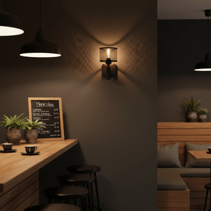 Black mesh wall light casting patterned shadows in a cozy cafe setting with wooden furniture.