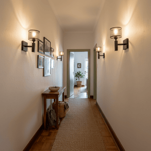 Hallway with black mesh wall lights casting warm glow, framed pictures, and a wooden console table.