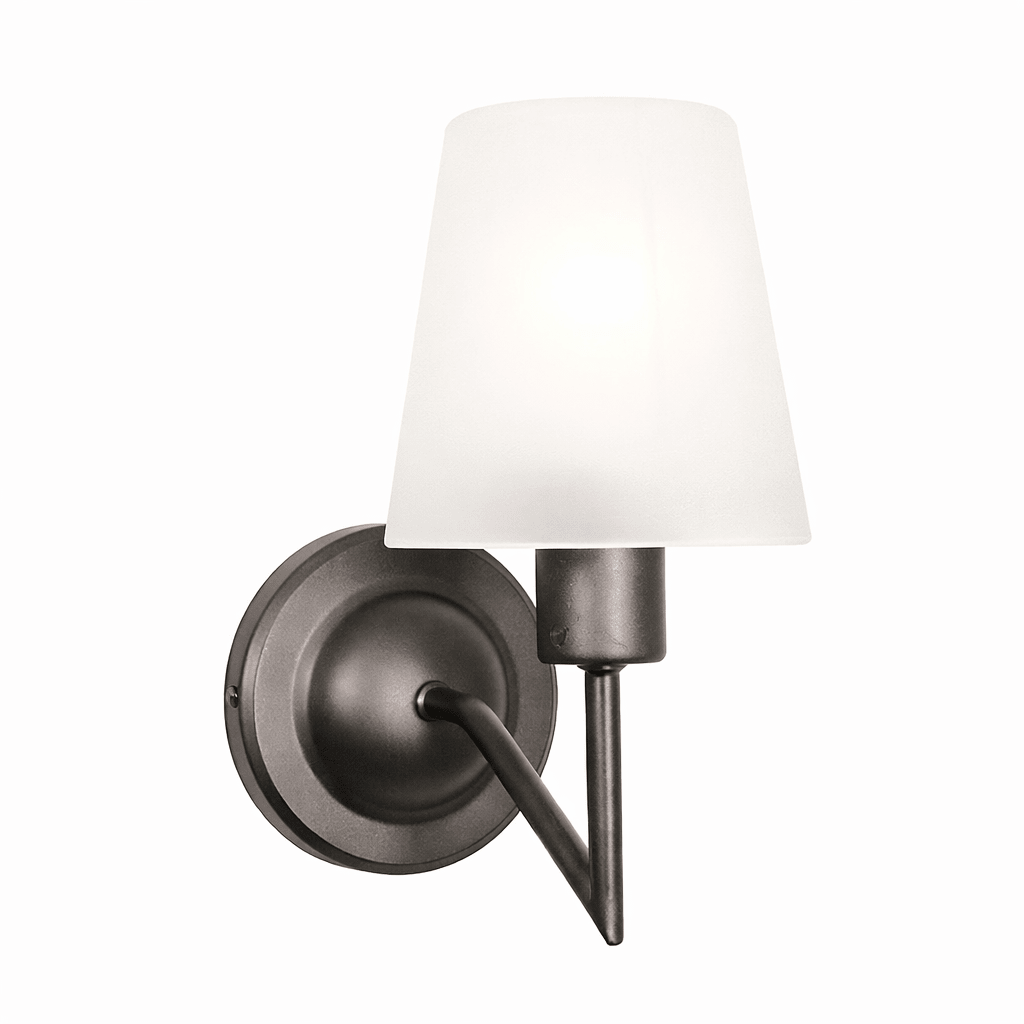 Wall-mounted light fixture with a white shade and grey base on a white background