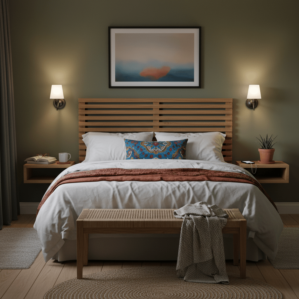 Cozy bedroom with wooden headboard, bench, and wall art