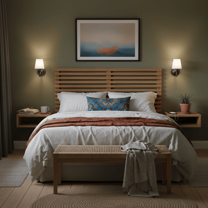 Cozy bedroom with wooden headboard, bench, and wall art