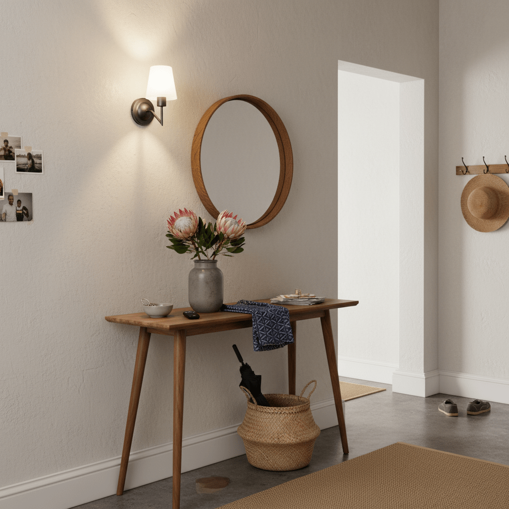 Narrow wooden table with a vase of flowers, mirror, and basket in a room with a lamp and door.