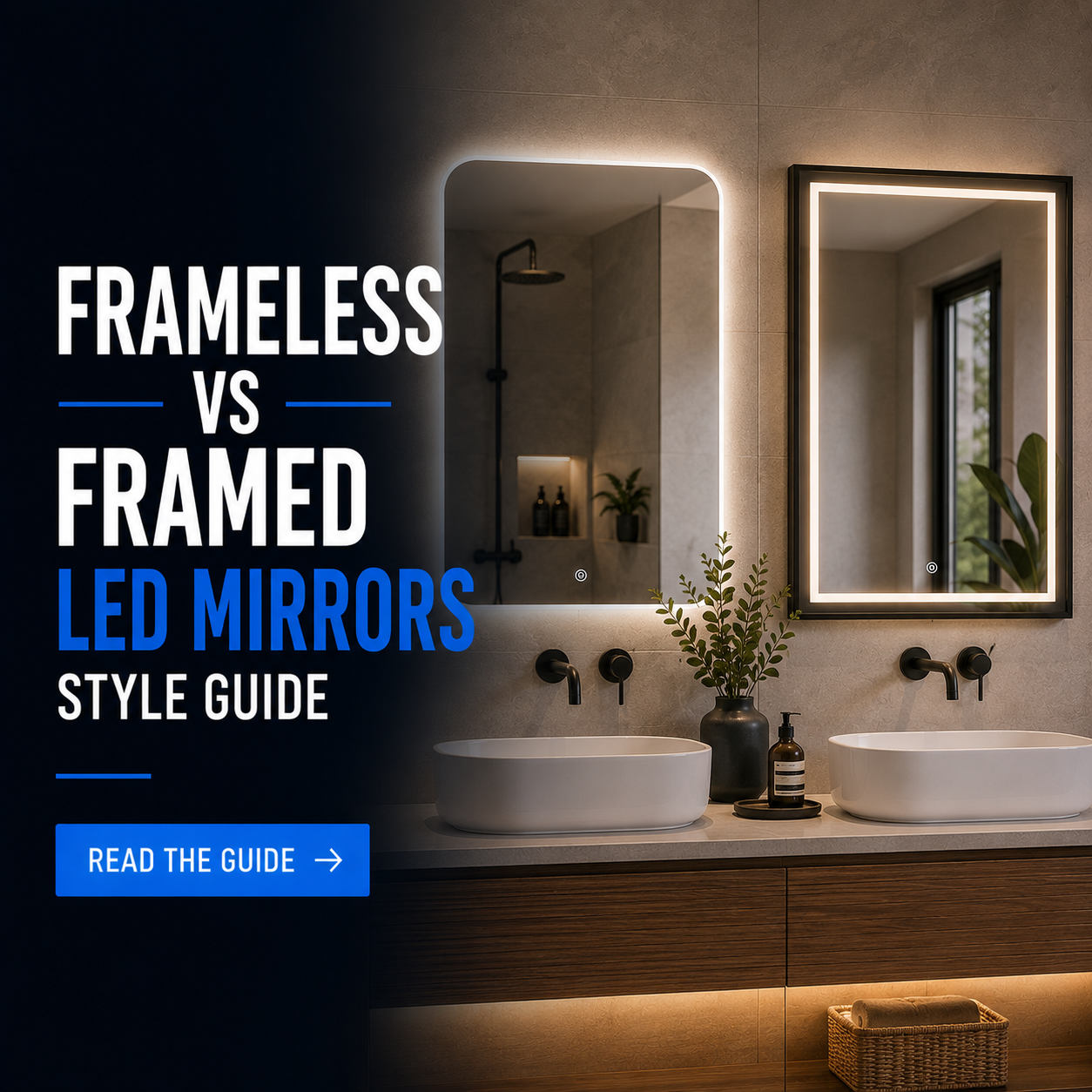 Frameless and framed LED mirrors compared in a modern bathroom