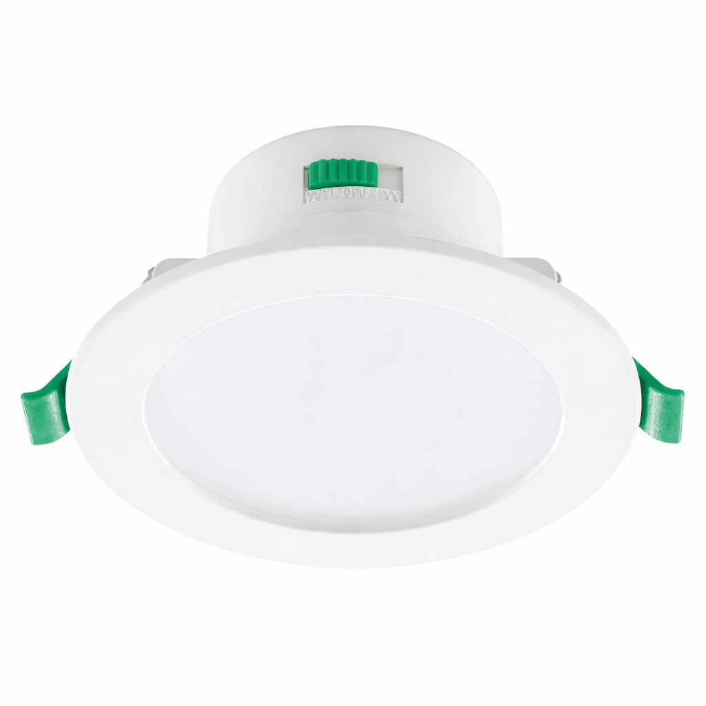 White recessed ceiling light with green accents on a white background