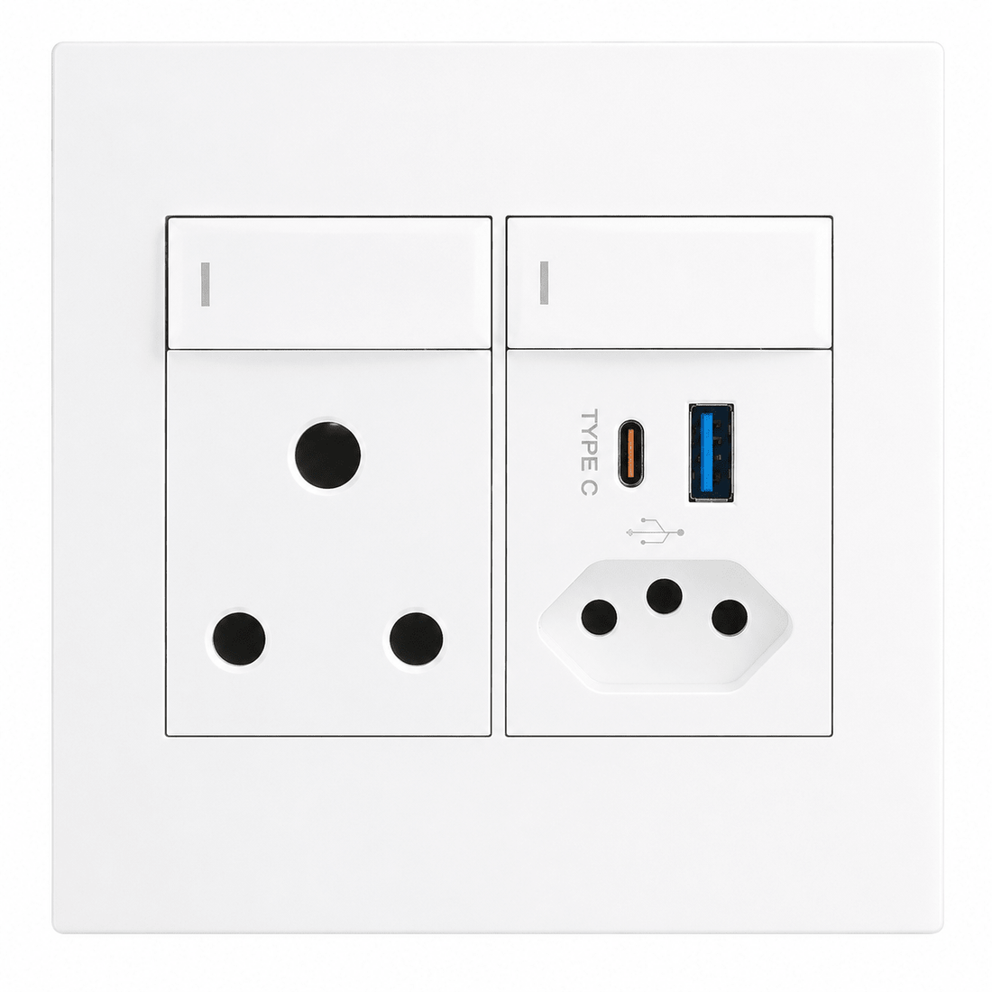 Modern white 6A switched wall socket outlet installed beside a TV unit on a light coloured wall in a South African lounge, minimal cables, realistic lighting, no text