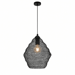 Black wire mesh pendant light with a soft glow, ideal for dining or living spaces.