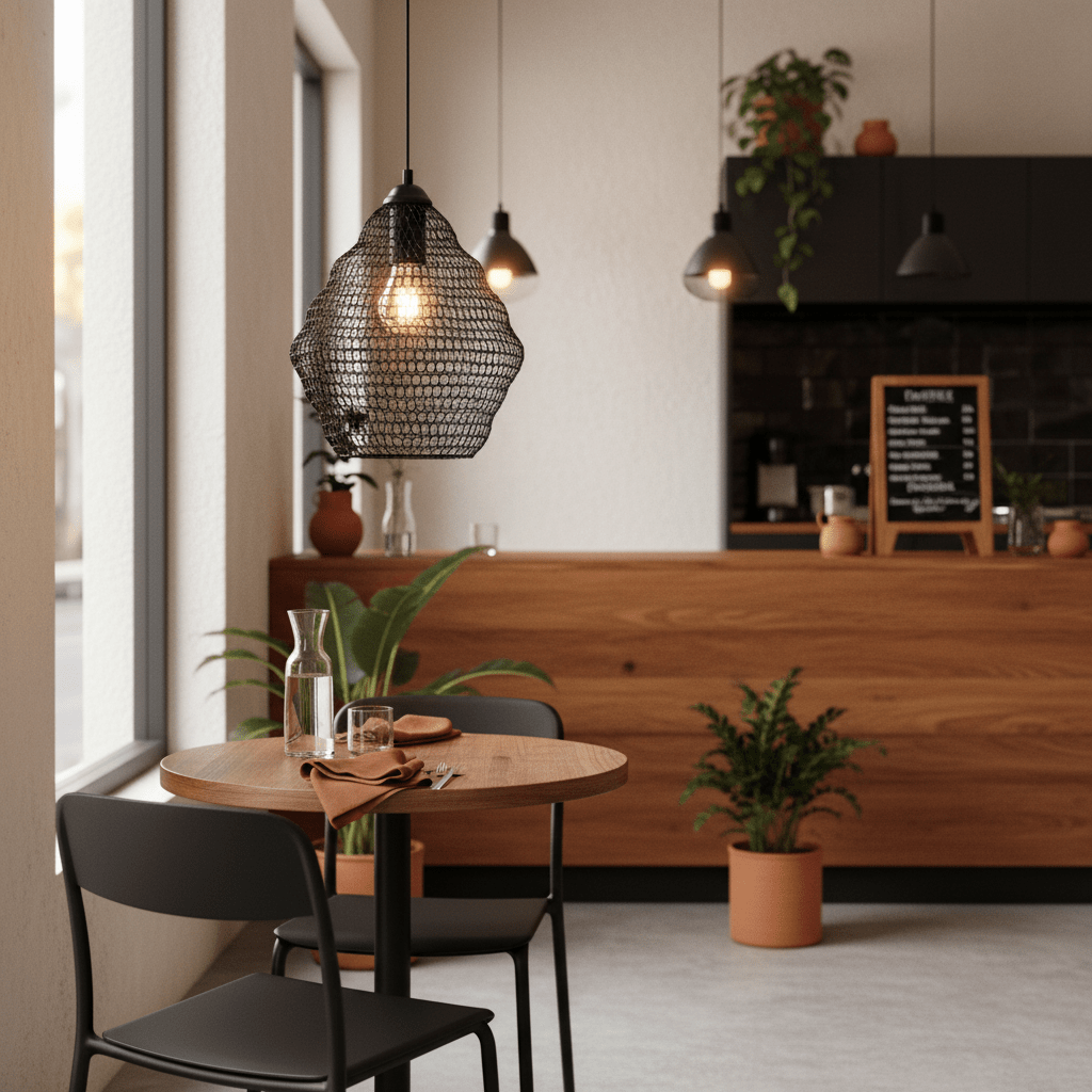 Black wire mesh pendant light hanging above a wooden dining table set for two, with plants in the background.