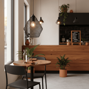 Black wire mesh pendant light hanging above a wooden dining table set for two, with plants in the background.