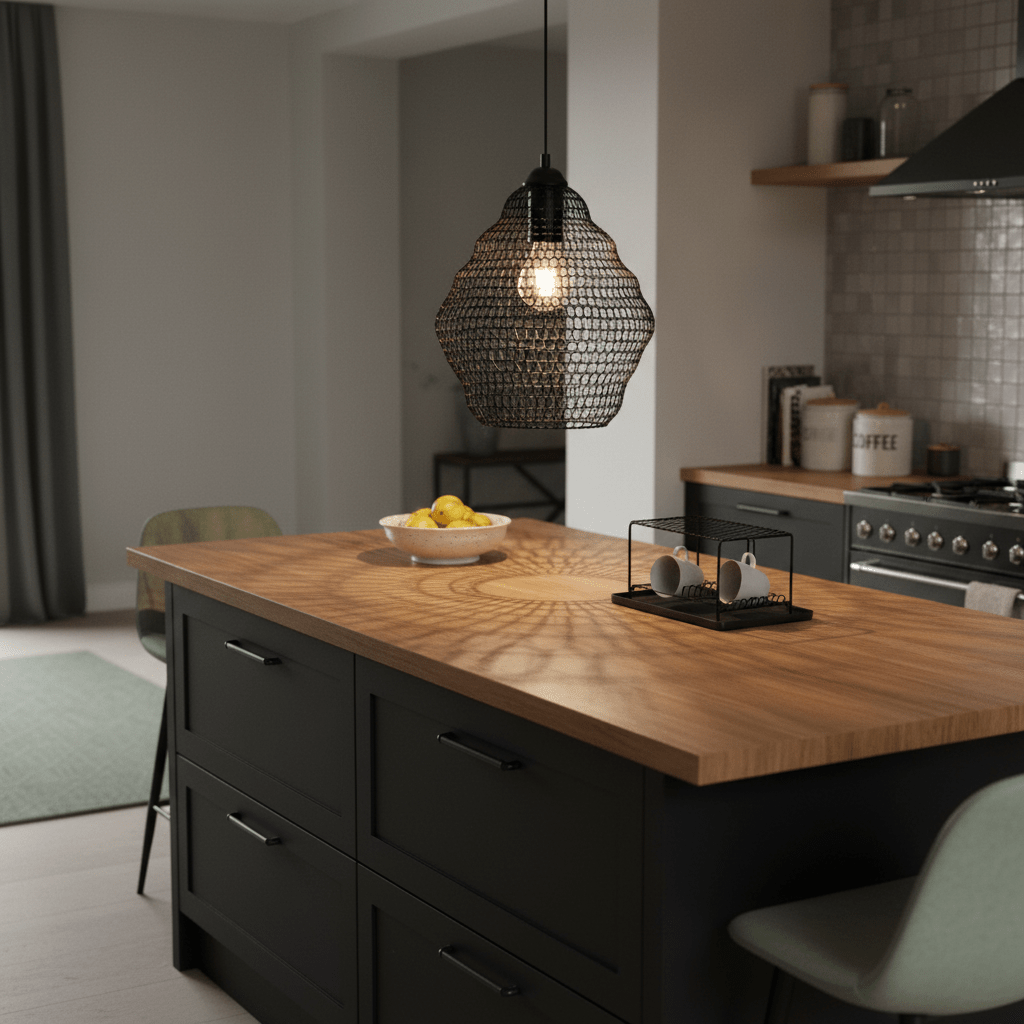 Phantom Black 340 wire mesh pendant light hanging over a kitchen island with a wooden countertop and decorative items.