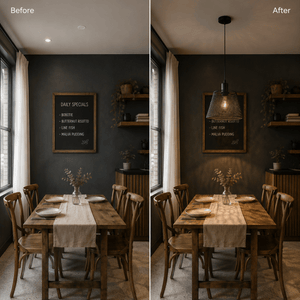 Before and after comparison of a dining area featuring the black steel-mesh pendant light.