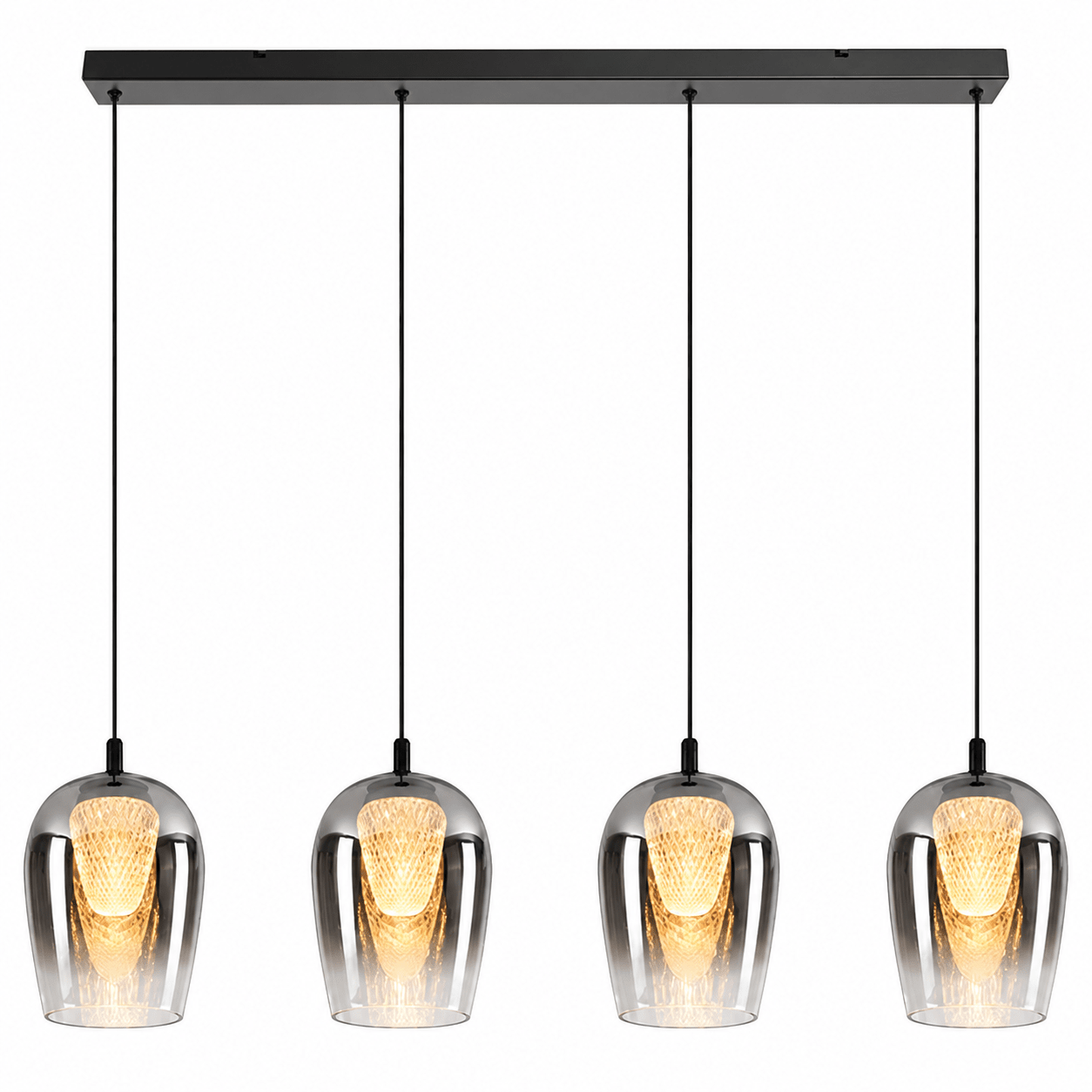 20W LED pendant light with four smoke glass shades and a sleek black bar.