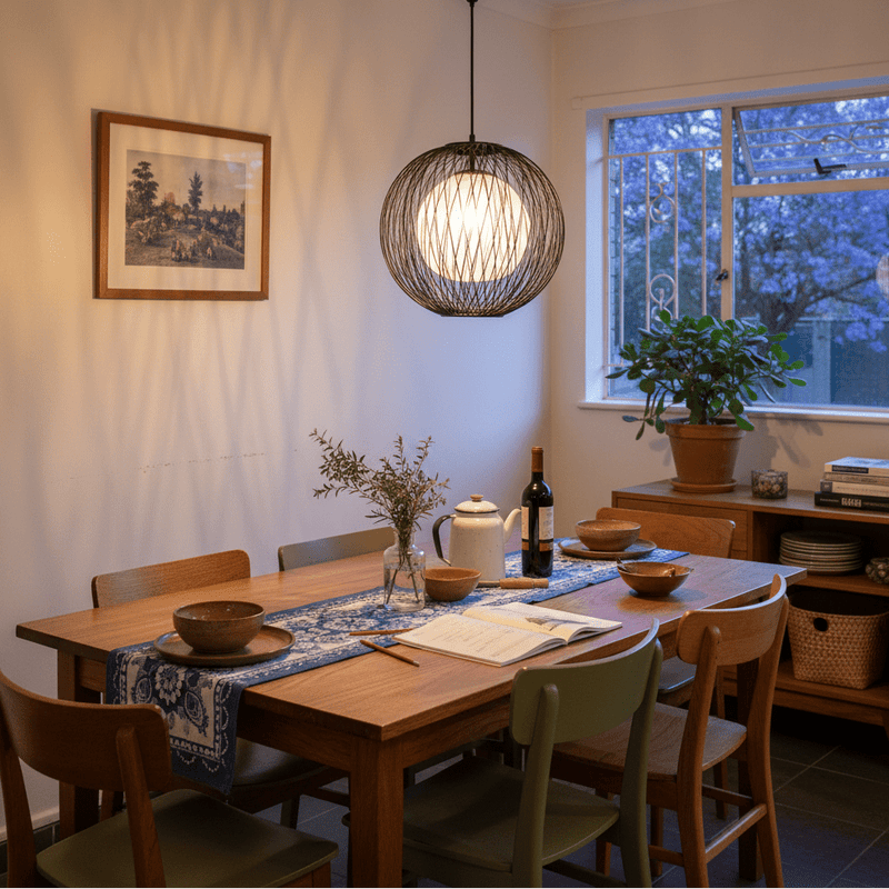 Why Bamboo Pendant Lights Work So Well in Coastal, Bush & Eco-Style Interiors, bamboo pendant over a realistic South African boutique cafe table, warm 3000K hospitality lighting, inviting evening ambience and visible woven texture, realistic 800x800 commercial interior composition with olive and brass accents