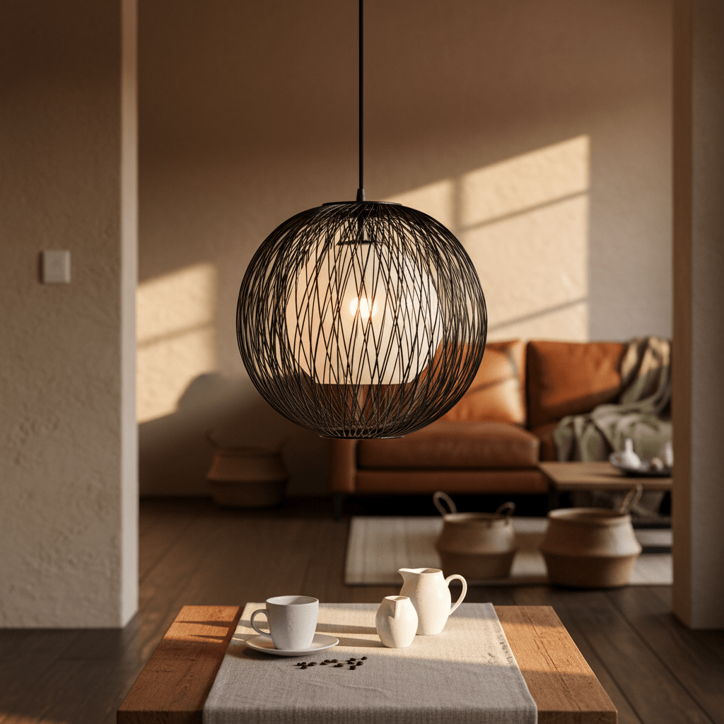 Stylish pendant light with black bamboo outer and natural twine inner, illuminating a cozy living space.