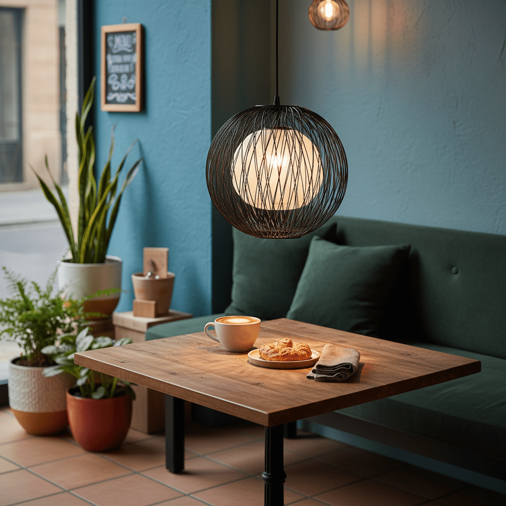 Stylish pendant light with black bamboo outer and natural twine inner, illuminating a cozy café table.