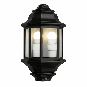 5 Panel Half Lantern Outdoor Wall Light in black with clear glass panels and two ES lamp holders.