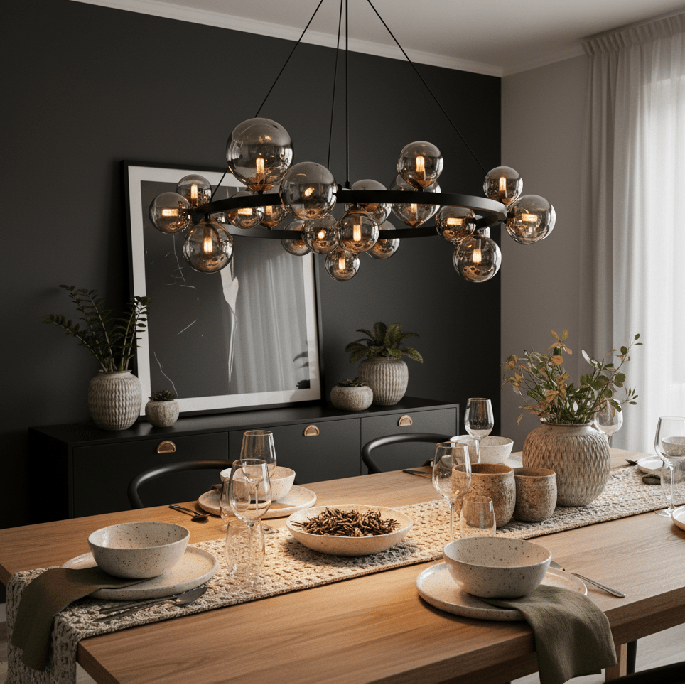 Round Bubble Pendant light hanging over a dining table set with plates and glasses, featuring a modern decor.