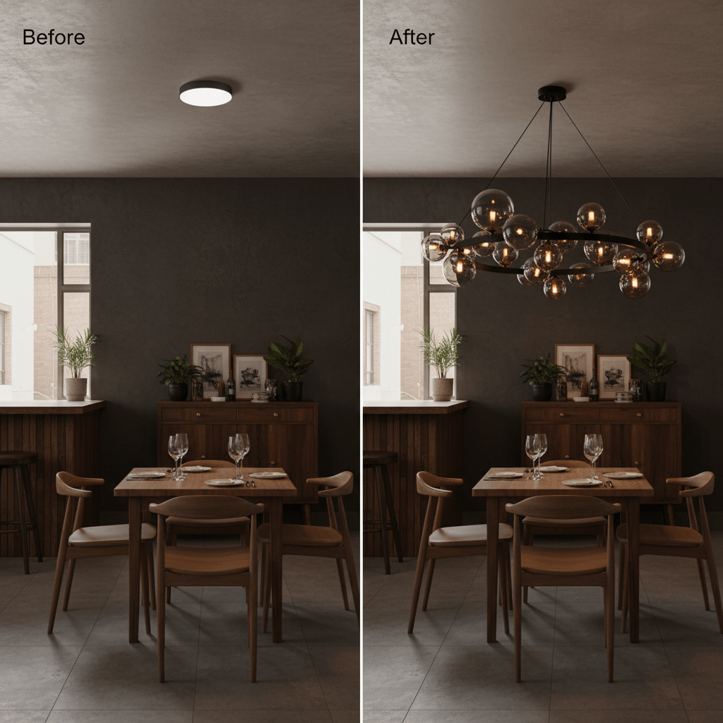 Before and after comparison of a dining area with a round bubble pendant light installed, showcasing its elegant design.
