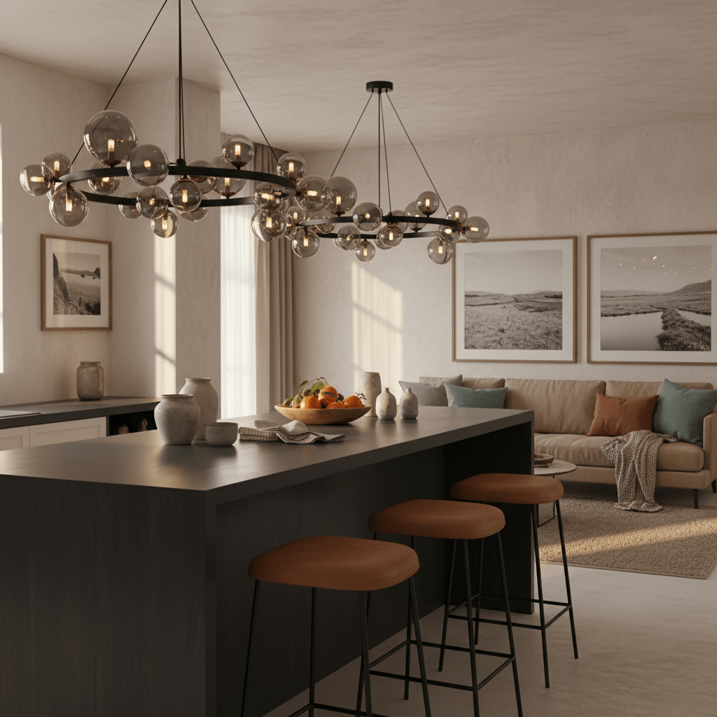 Stylish kitchen featuring the Round Bubble Pendant Black above a dark island with seating, showcasing modern decor.
