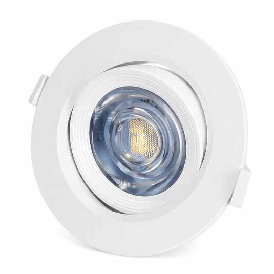 Round recessed LED downlight with a white finish and adjustable head for focused lighting.
