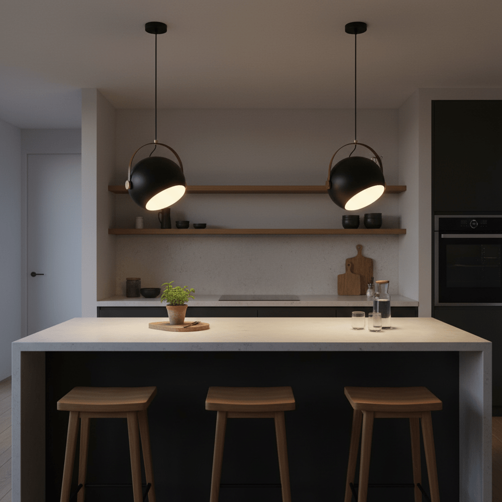 Two black leather strap pendant lights hang over a modern kitchen island with wooden stools.
