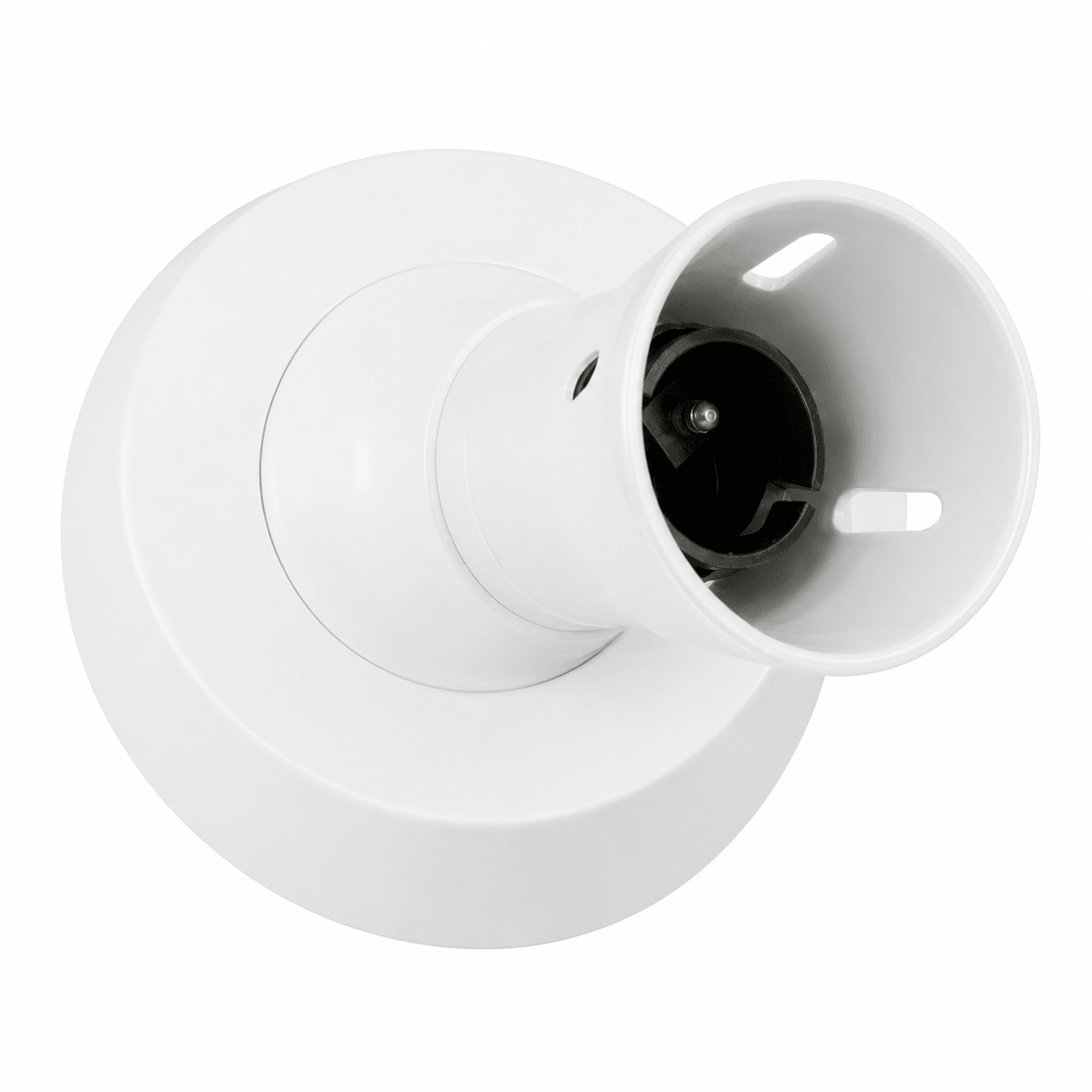 Angled lamp holder in white, designed for E27 or B22 bulbs, showcasing a compact and functional design.