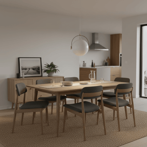 Contemporary white leather strap pendant light hanging above a wooden dining table set with dishes.