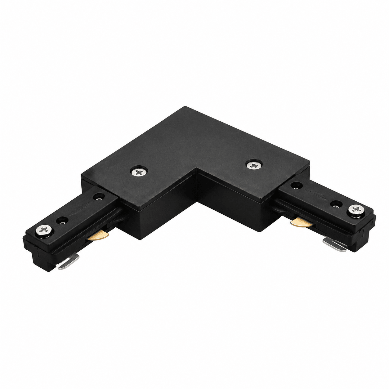Black L-connector for 3-wire track lighting, featuring durable metal construction and secure attachment points.