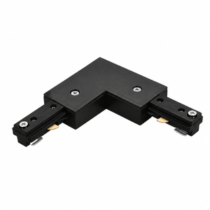 Black L-connector for 3-wire track lighting, featuring durable metal construction and secure attachment points.