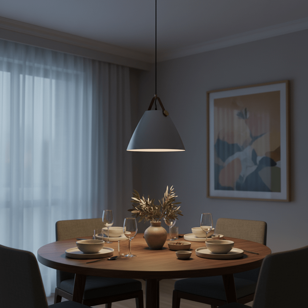 Grey cone pendant light with leather strap hanging above a set dining table