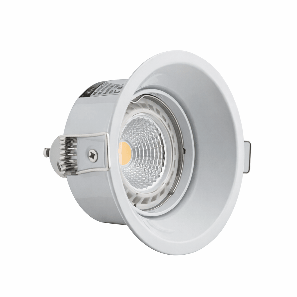 Close-up view of a low glare round LED downlight holder with a sleek design and reflective interior.