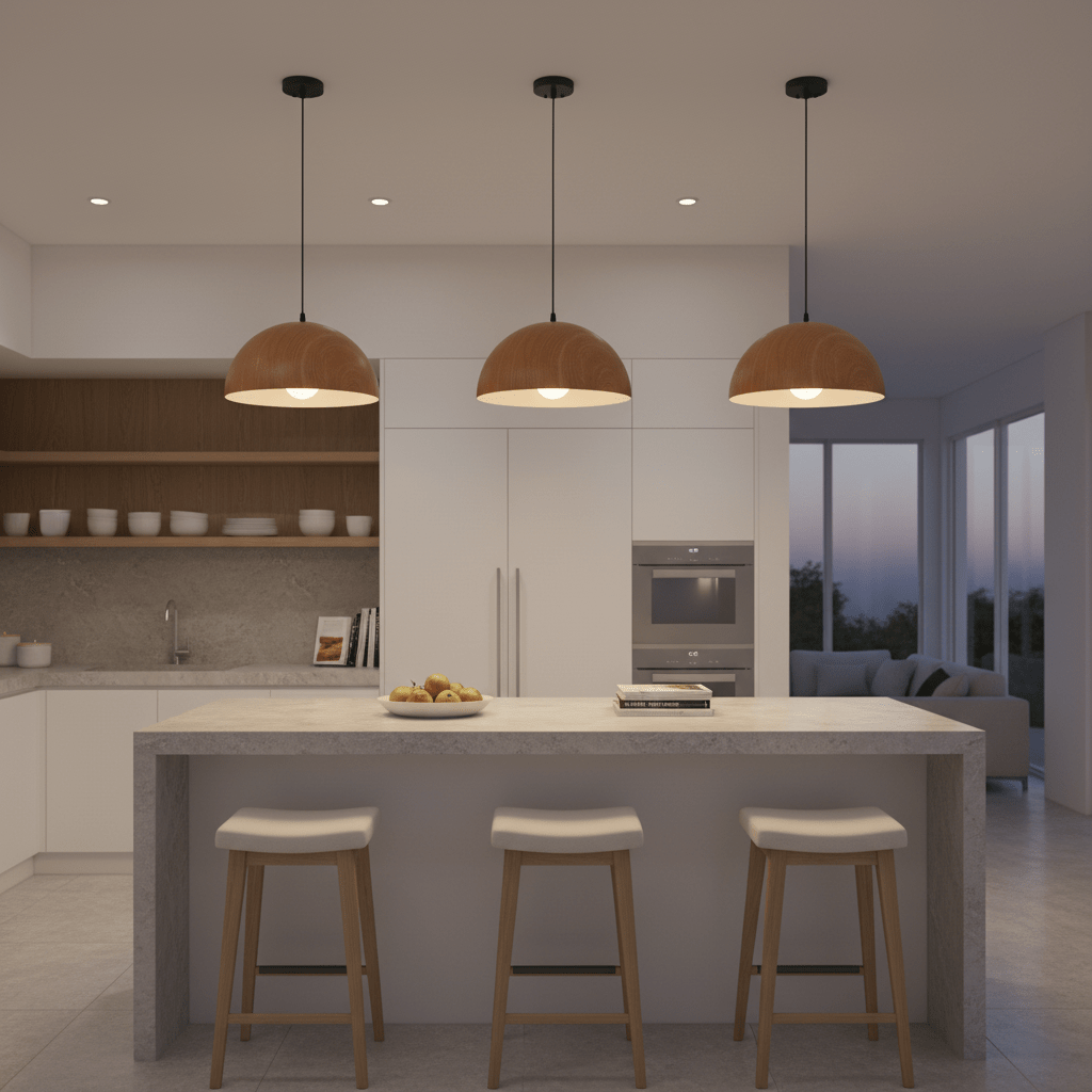 Three dome wood grain pendant lights hang over a modern kitchen island with bar stools and a fruit bowl.
