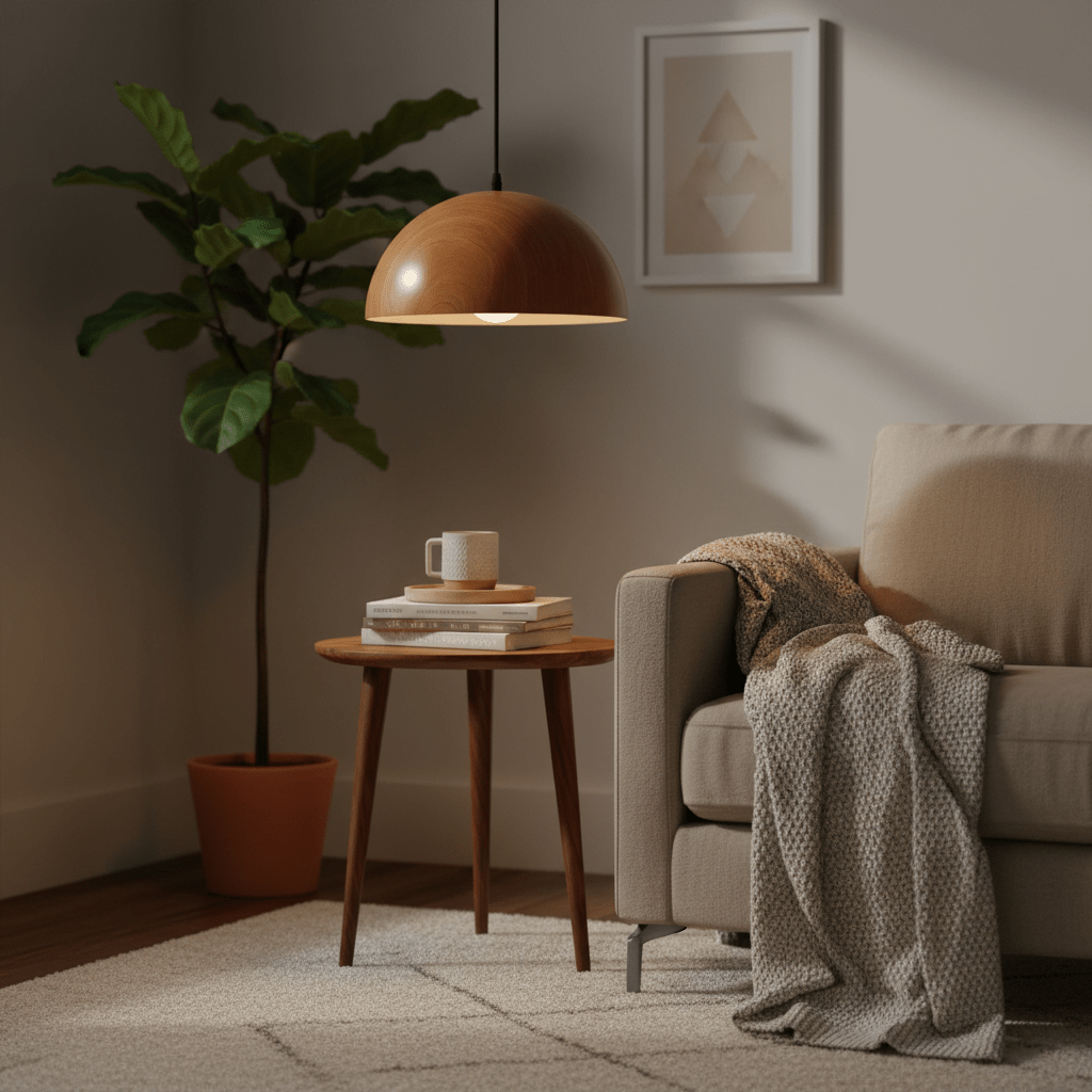 Dome wood grain pendant light hanging above a small wooden table with books and a mug, beside a cozy sofa.