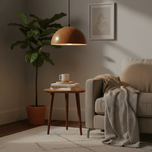 Dome wood grain pendant light hanging above a small wooden table with books and a mug, beside a cozy sofa.