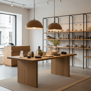 Dome wood grain pendant lights hanging above a wooden dining table with decorative items in a modern retail space.