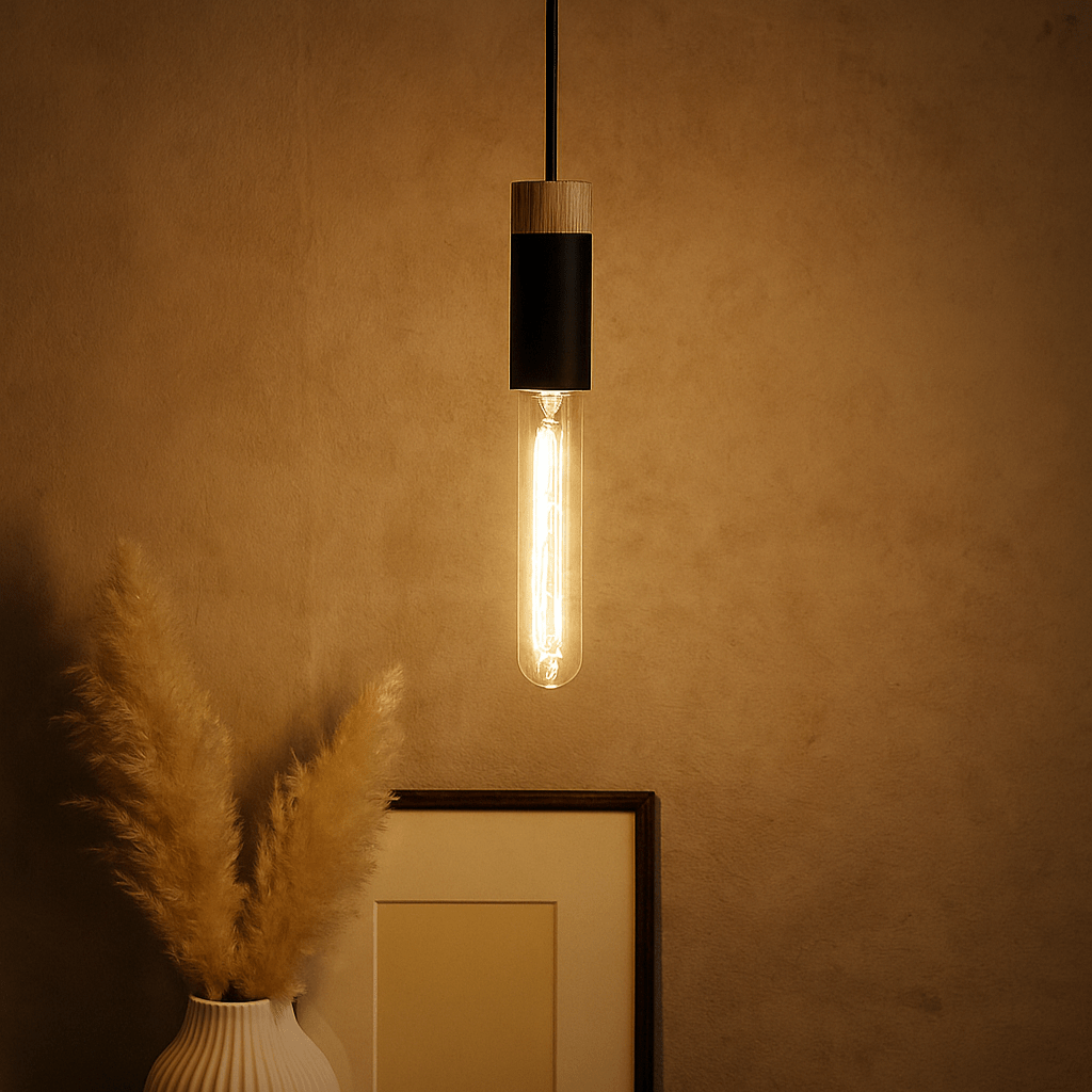 Matt black and oak pendant light hanging above a vase with pampas grass and a framed picture.