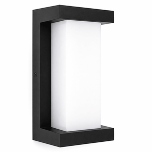 Black outdoor wall light fixture on a white background
