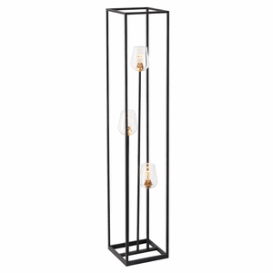 Black metal floor lamp with glass shades on a white background