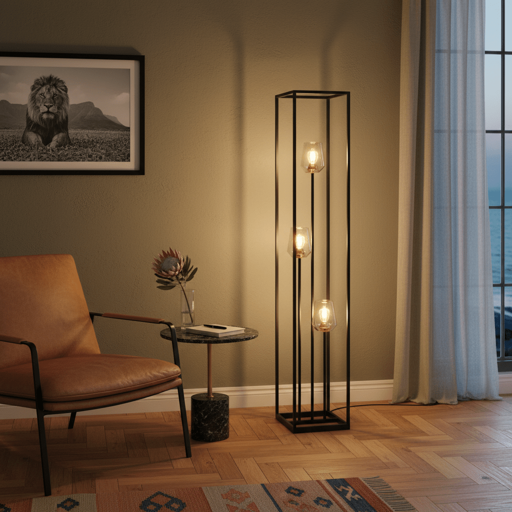 Floor lamp placement in a Cape Town home, realistic bedroom reading corner with warm LED standing lamp, soft ambient light and practical furniture layout, 800x800 interior composition with muted blue and warm timber accents