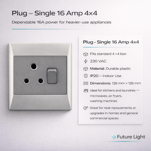 Close-up of a grey 16A single plug socket with specifications on the side, suitable for indoor use.