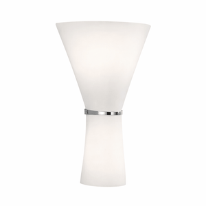 White wall sconce with a cylindrical shade and metallic band on a white background