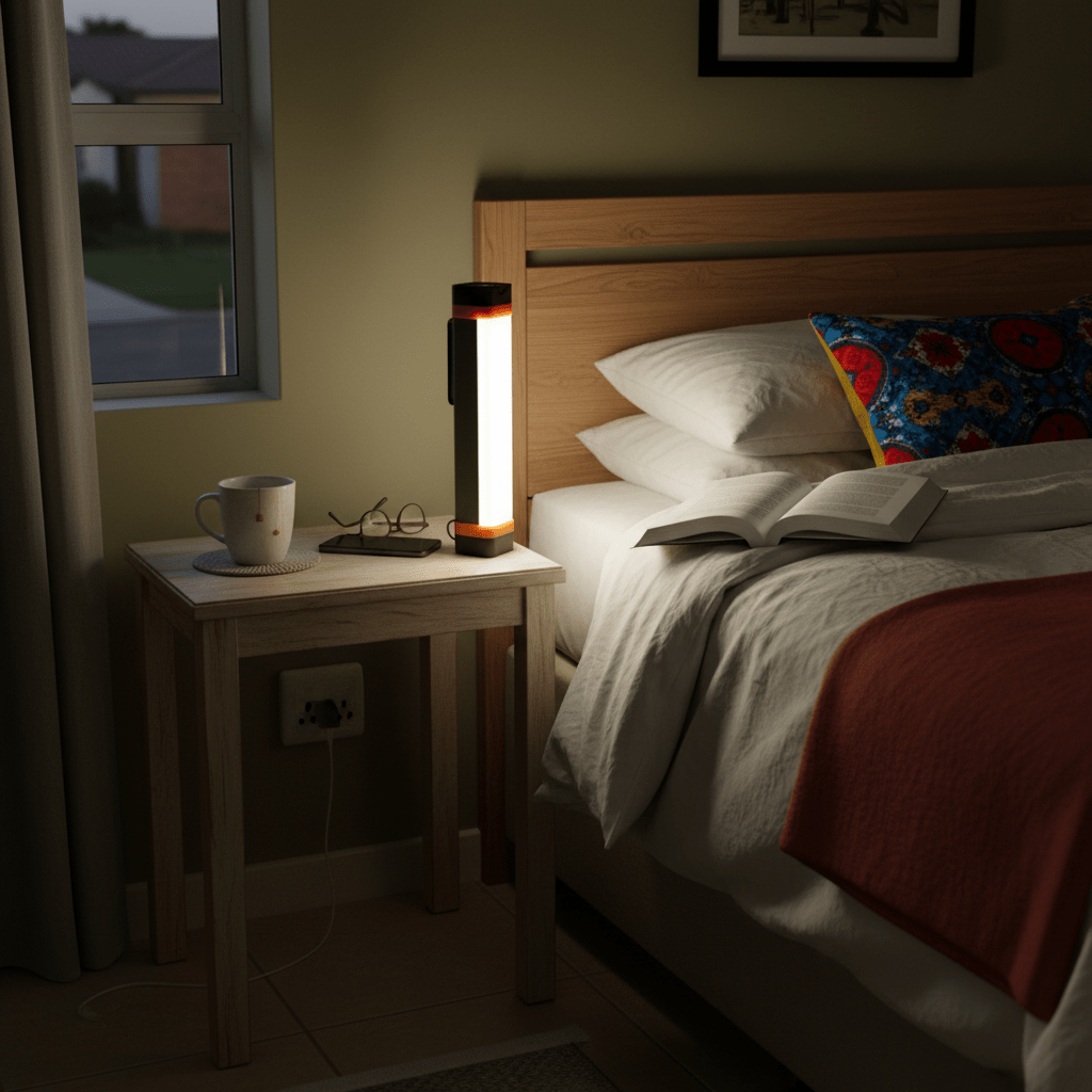 Rechargeable LED camping lantern on a bedside table next to a cup and glasses, providing soft light.